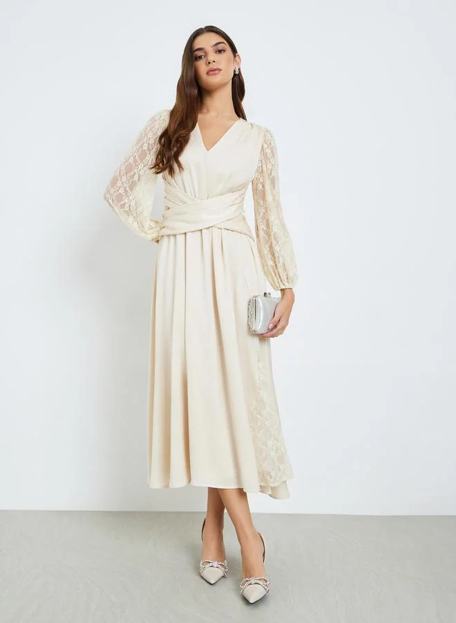 Styli  Women Cream Lace Sleeves A-Line Midi Dress for Women | Best Price UAE